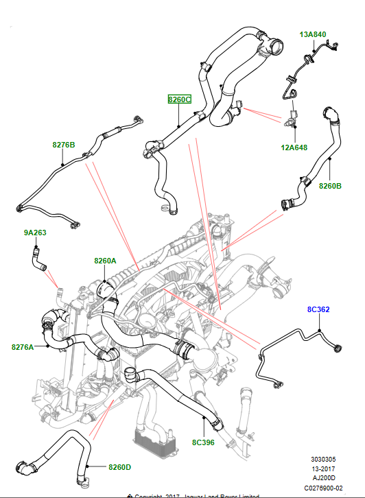 Radyatör Üst Hortumu Komple-Lr091657-T4A16696 (Jaguar)-2.0 Dizel/Range Rover Range Rover Velar